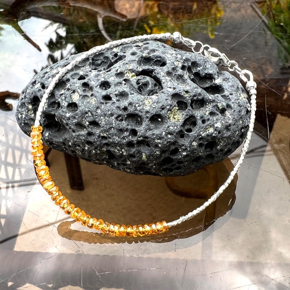 Natural Orange Sapphire Bracelet Sterling Silver and Pure Silver , 7.08" - 7.6" - Picture 3 of 9